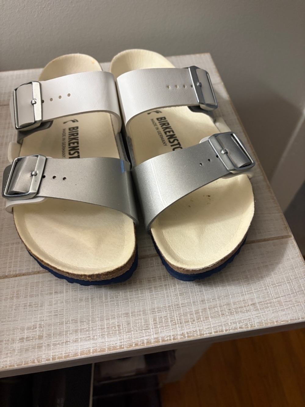 Birkenstock Arizona Two-Strap Sandals in White and Silver Metallic - Picture 3 of 3